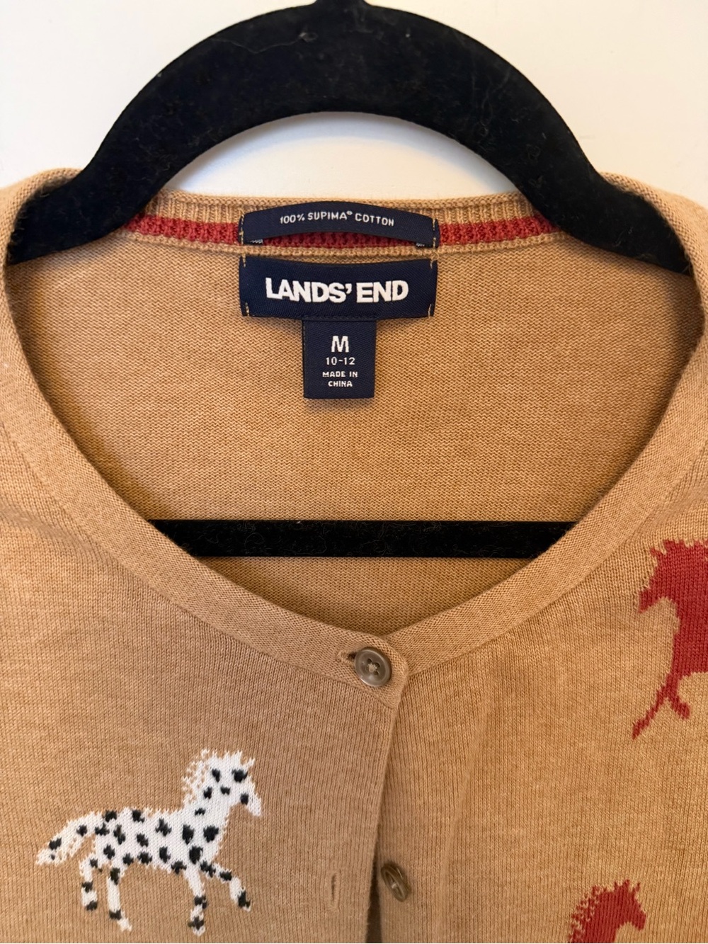 Lands End M Pima Cotton Tan Cardigan Button Down Sweater horse Equestrian - Picture 3 of 4